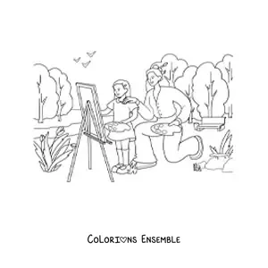 Image à colorier d'une petite fille et de sa maman en train de peindre un tableau dans un parc