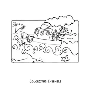Image à colorier d'un marin sur un bateau en mer avec un requin et une étoile de mer