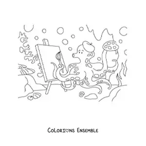 Image à colorier d'une pieuvre peintre toute mignonne en train de peindre un tableau sous la mer
