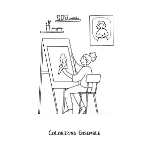 Image à colorier d'une jeune artiste en train de peindre un tableau chez elle