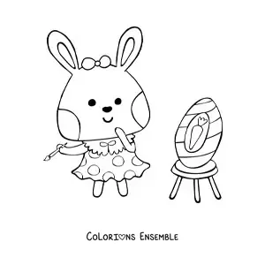 Image à colorier d'un lapin peintre kawaii tout mignon en train de peindre un oeuf de Pâques