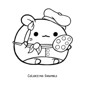 Image à colorier d'un hamster peintre kawaii tout mignon avec une palette et un pinceau