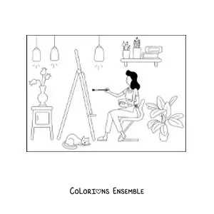 Image à colorier d'une jeune artiste en train de peindre un tableau chez elle avec son chat