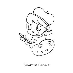 Image à colorier toute simple d'une peintre avec une palette et un pinceau