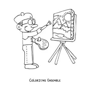 Image à colorier toute simple d'un peintre tout mignon en train de peindre une oeuvre d'art