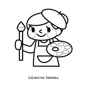 Image à colorier toute simple d'une peintre kawaii