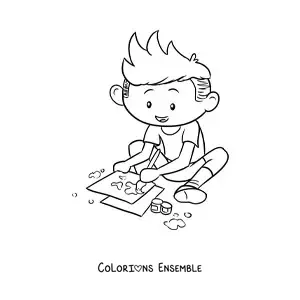 Image à colorier d'un petit garçon en train de peindre sur des feuilles de papier