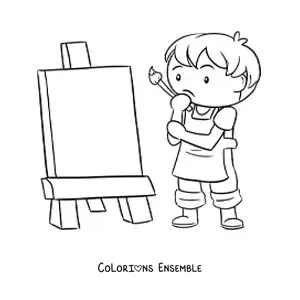 Image à colorier d'un petit garçon peintre devant une toile blanche