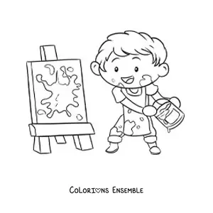 Image à colorier d'un petit garçon peintre en train de peindre un tableau abstrait
