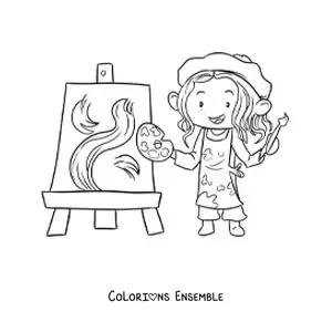 Image à colorier d'une petite fille peintre en train de peindre un tableau abstrait
