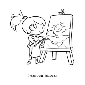 Image à colorier d'une petite artiste en train de peindre sur une toile