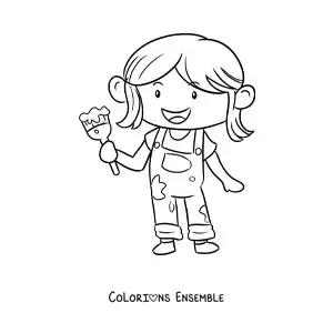 Image à colorier d'une petite fille peintre avec un pinceau