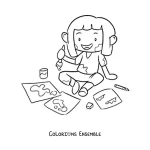 Image à colorier d'une petite fille en train de peindre sur des feuilles de papier
