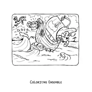 Image à colorier d'un bateau pirate en mer qui affronte les vagues
