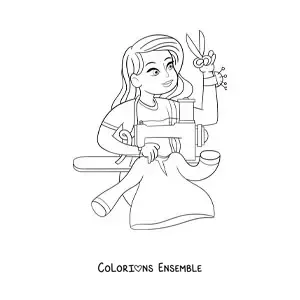 Image à colorier d'une modiste et couturière avec une machine à coudre
