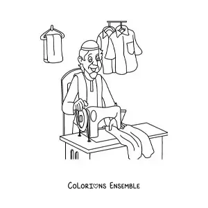 Image à colorier d'un homme couturier avec une machine à coudre