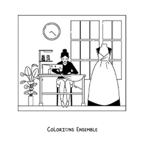 Image à colorier d'une styliste de mode et couturière avec une machine à coudre