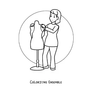 Image à colorier d'une femme couturière avec un mannequin