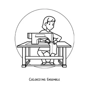Image à colorier d'une femme couturière avec une machine à coudre