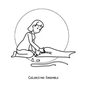 Image à colorier d'une femme couturière en train de confectionner un vêtement