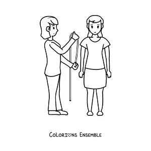 Image à colorier d'une femme couturière en train de prendre les mesures de la cliente
