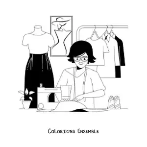 Image à colorier d'une styliste de mode qui coud à la machine à côté d'un mannequin