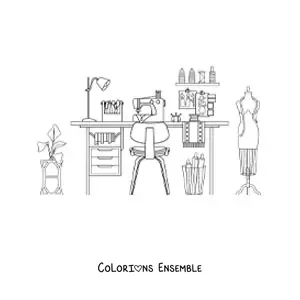 Image à colorier de l'atelier d'une couturière et de ses outils