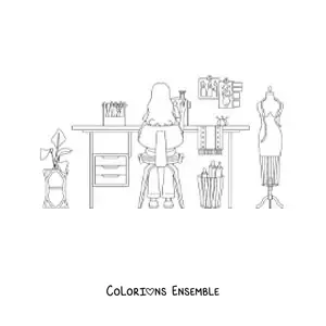 Image à colorier d'une femme qui exerce le métier de couturière dans son atelier de couture