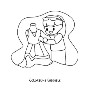 Image à colorier d'une styliste de mode toute mignonne avec une robe sur un mannequin