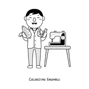 Image à colorier d'un tailleur avec un mètre ruban et une machine à coudre