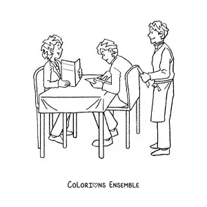 Image à colorier d'un serveur en train de travailler dans un restaurant