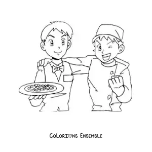 Image à colorier d'un serveur et d'un chef de restaurant style anime