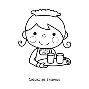 Image à colorier d'une serveuse kawaii portant un plateau avec des verres