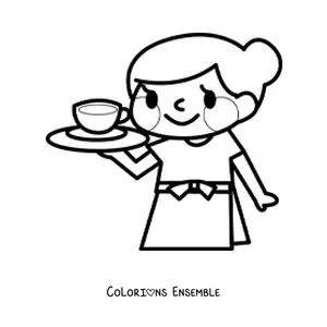 Image à colorier facile d'une serveuse kawaii