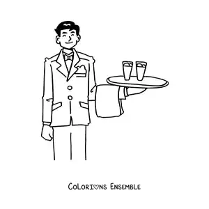 Image à colorier d'un serveur animé portant un plateau avec des verres