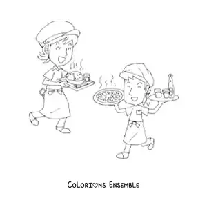 Image à colorier d'un dessin de serveurs de restaurant en train de travailler