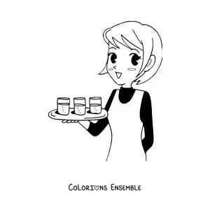 Image à colorier d'une serveuse de restaurant style anime