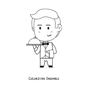Image à colorier d'un serveur kawaii animé