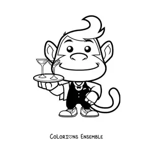 Image à colorier d'un singe animé exerçant le métier de serveur