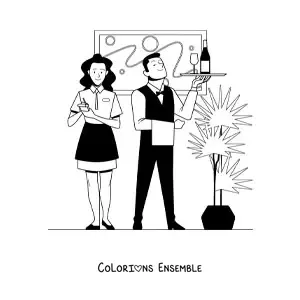 Image à colorier d'une serveuse et d'un serveur de restaurant