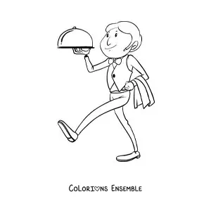 Image à colorier d'un serveur portant un plateau dans un restaurant