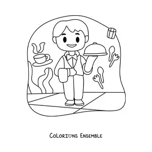 Image à colorier d'un serveur animé portant un plateau dans un restaurant