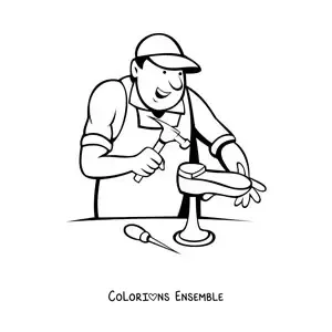 Image à colorier d'un cordonnier animé fabriquant des chaussures