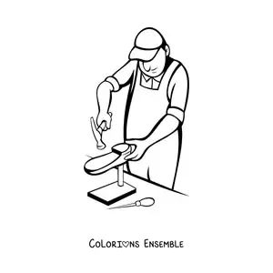 Image à colorier d'un cordonnier animé fabriquant une chaussure