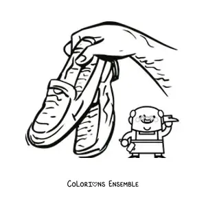 Image à colorier d'un cordonnier artisan animé avec une paire de chaussures