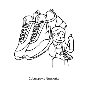 Image à colorier d'un homme animé exerçant le métier de cordonnier avec une paire de chaussures