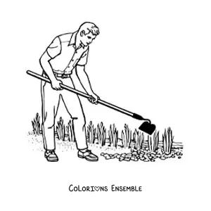 Image à colorier d'un paysagiste travaillant dans un jardin