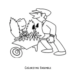 Image à colorier d'une caricature de jardinier