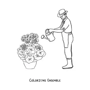 Image à colorier d'un jardinier au chapeau arrosant les plantes