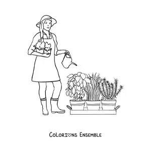 Image à colorier d'une jardinière au chapeau arrosant les plantes